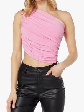 Norma Kamali Diana One Shoulder Draped Ruched Tank Crop Top Pink Size Large